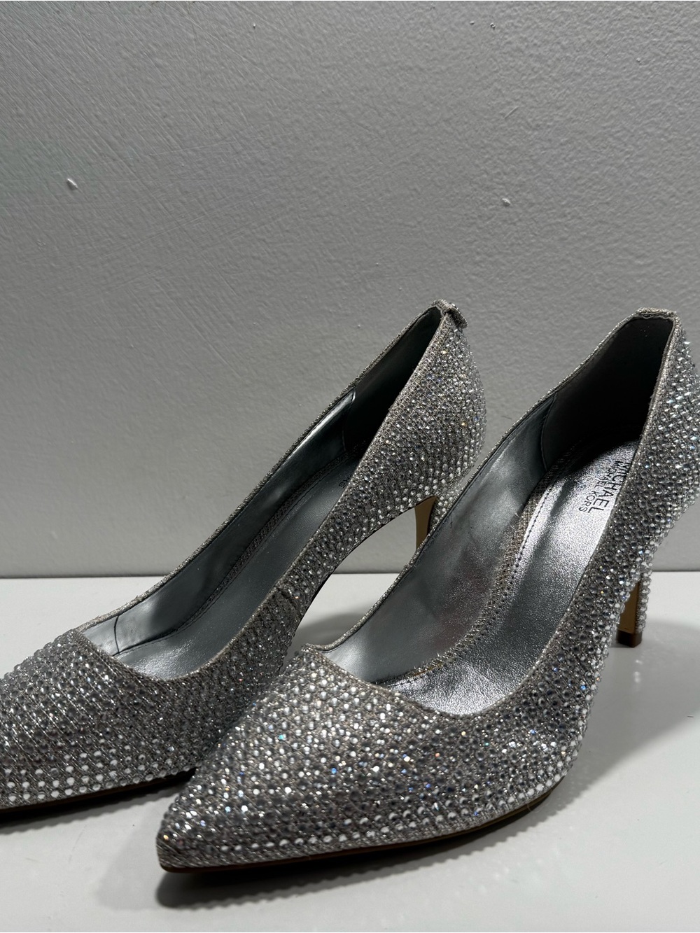 Michael Kors Alina Silver Crystal-Embellished Pointed-Toe Heels - size 8 1/2